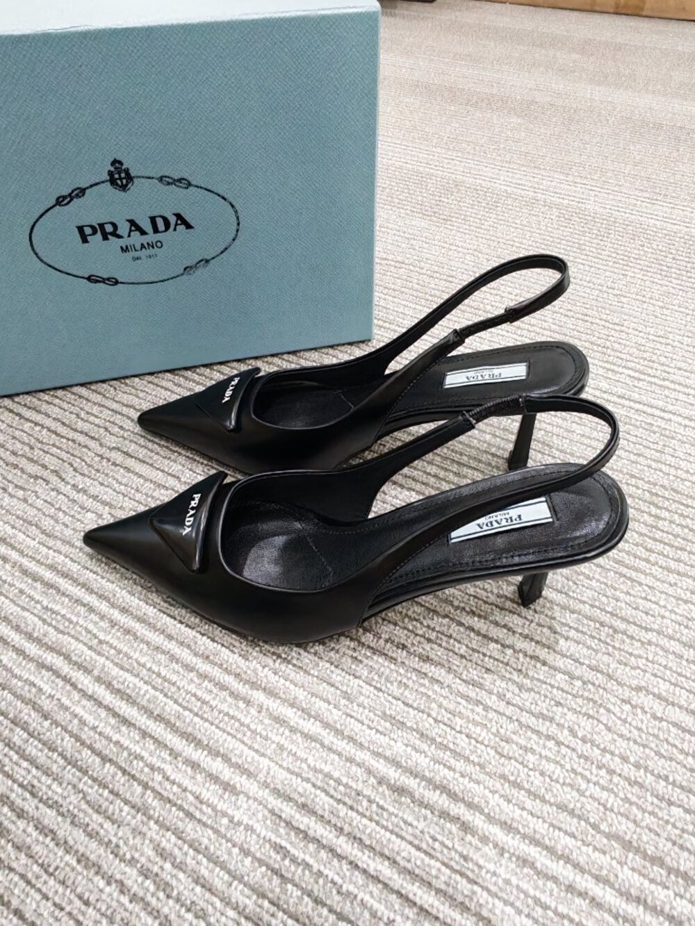 Prada Black Leather Pointed Toe Slingback Kitten Heels - Picture 5 of 7